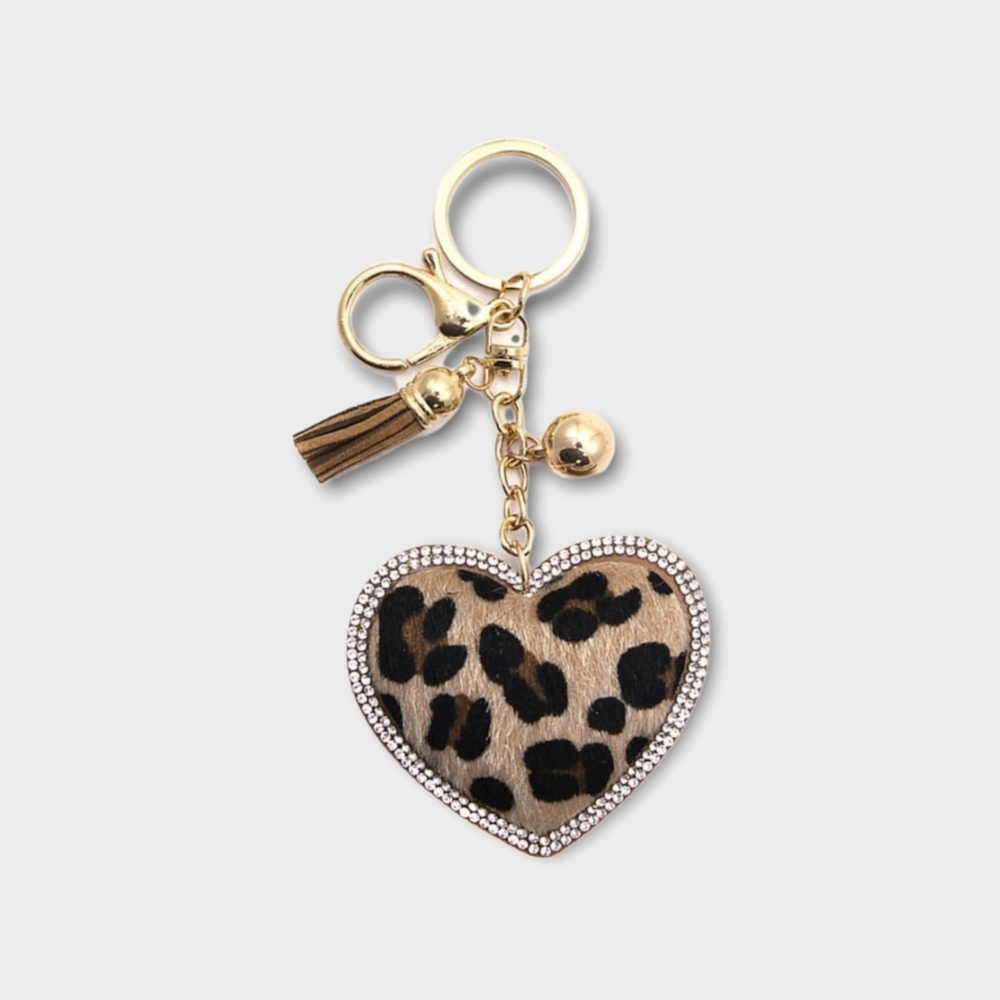 Leopard Heart Bling Puffy Tassel Keychain Purse Accessory